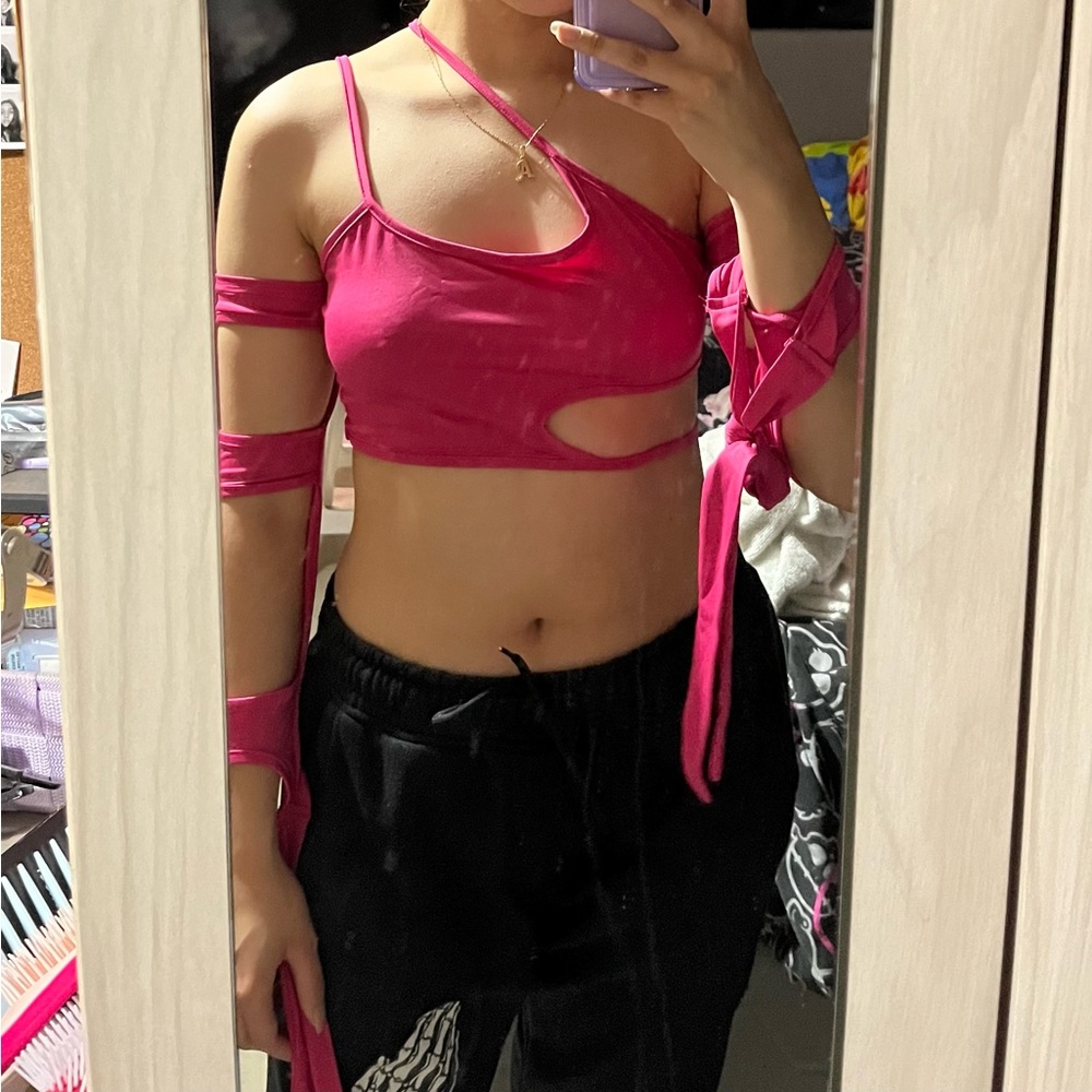 Asymmetrical Neck Cut Out Pink party / festival top with cut out sleeves